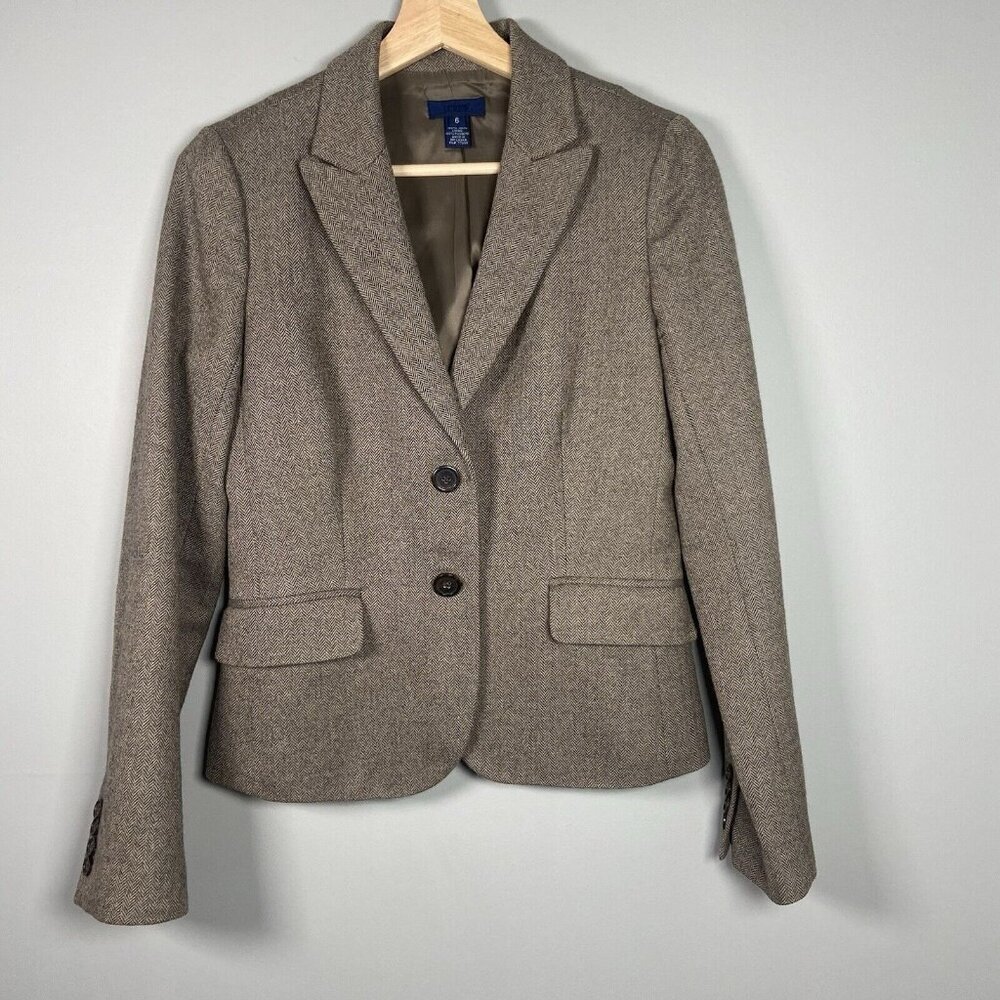 J. Crew Women's 6 Brown Herringbone Wool Size Lined Tweed Career Blazer Jacket